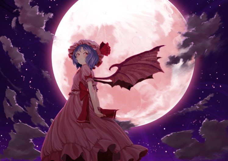 video, Games, Clouds, Touhou, Wings, Dress, Night, Stars, Moon, Purple, Hair, Short, Hair, Bows, Red, Dress, Skyscapes, Pink, Dress, Full, Moon, Remilia, Scarlet HD Wallpaper Desktop Background