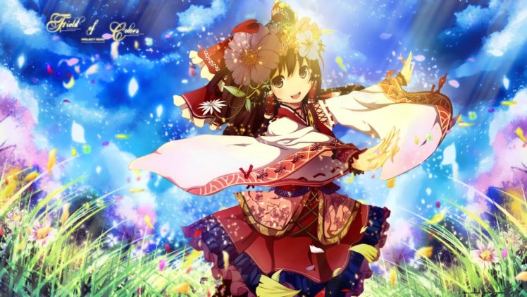 brunettes, Video, Games, Clouds, Nature, Touhou, Cherry, Blossoms, Trees, Multicolor, Flowers, Happy, Text, Grass, Long, Hair, Brown, Eyes, Miko, Alternate, Sunlight, Hakurei, Reimu, Smiling, Bows, Traditional, HD Wallpaper Desktop Background