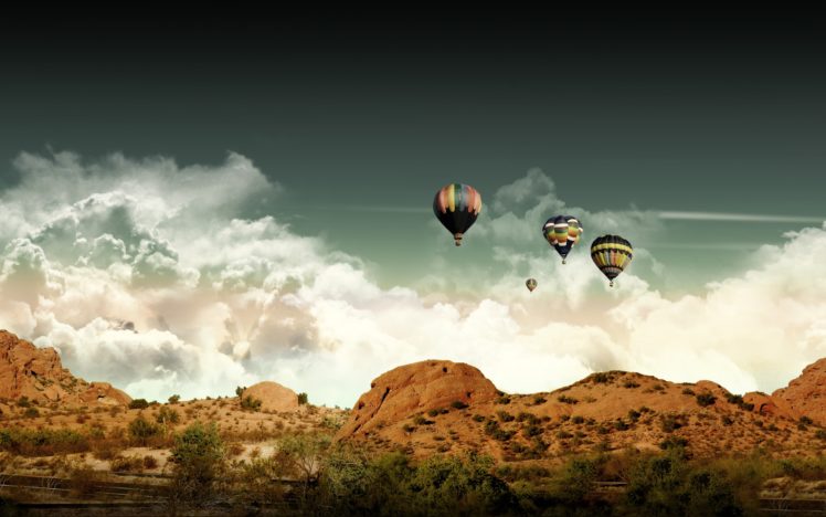 clouds, Landscapes, Desert, Hot, Air, Balloons, Skyscapes, Photomanipulations HD Wallpaper Desktop Background