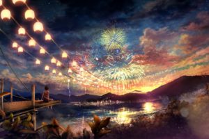 clouds, Landscapes, Trees, Fireworks, Scenic, Anime, Anime, Girls, Cities, Chinese, Lantern