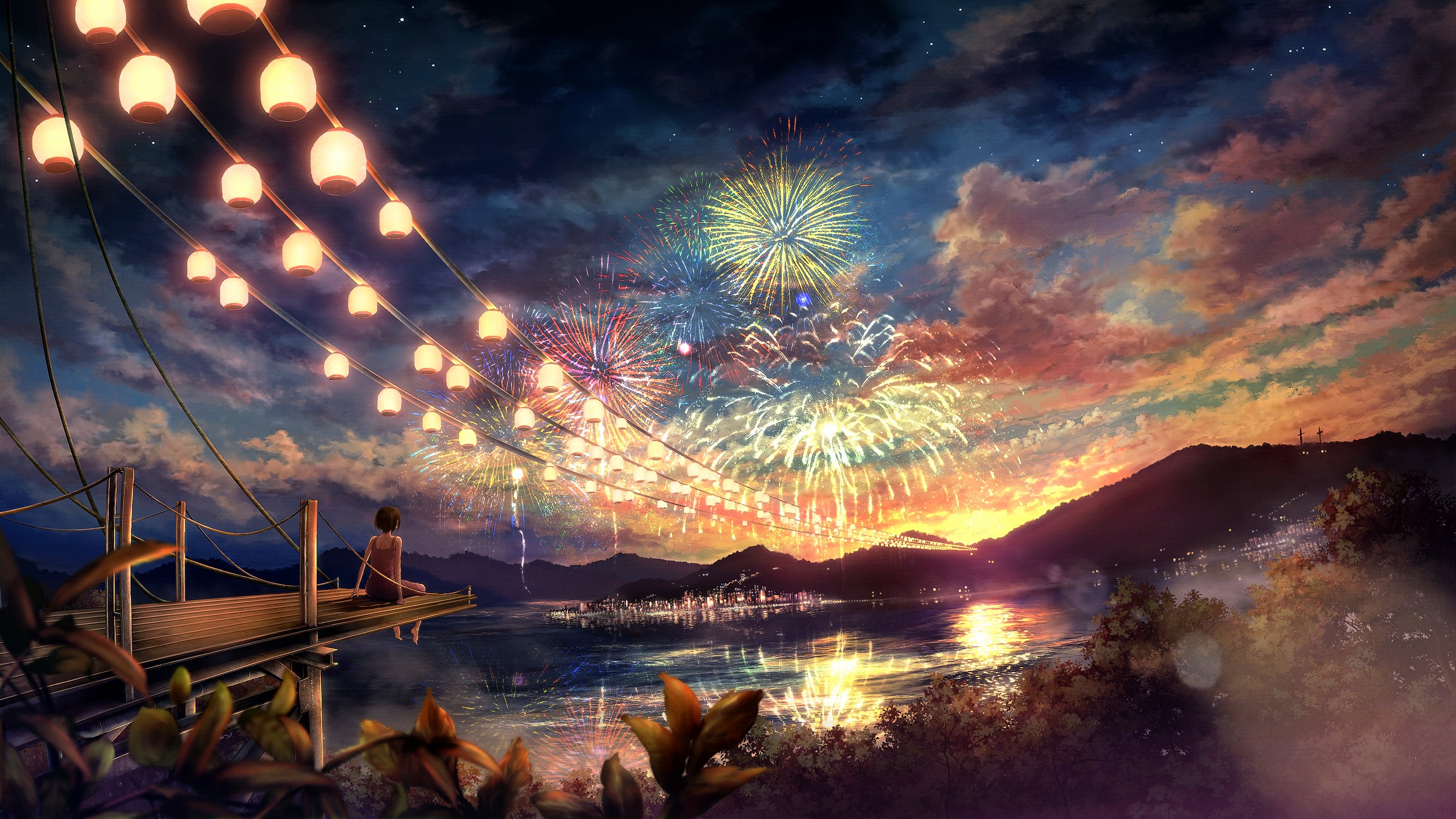 clouds, Landscapes, Trees, Fireworks, Scenic, Anime, Anime, Girls