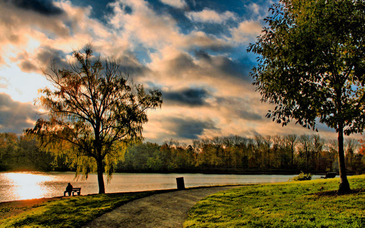 clouds, Landscapes, Trees, Paths, Bench, Lakes HD Wallpaper Desktop Background