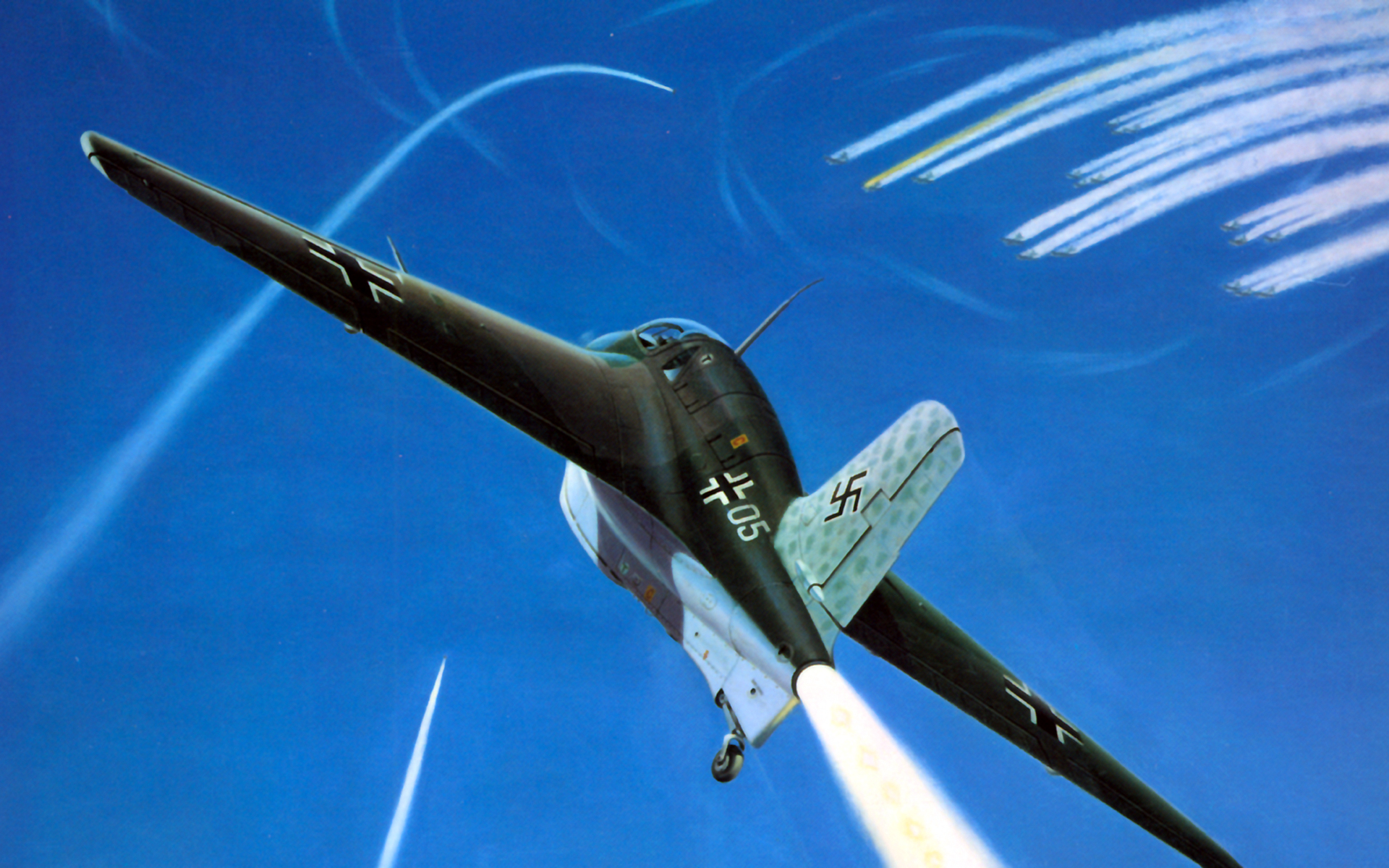aircraft, Artistic, Messerschmitt, Me, 163, Komet, Contrails, Aviation, Blue, Skies Wallpaper