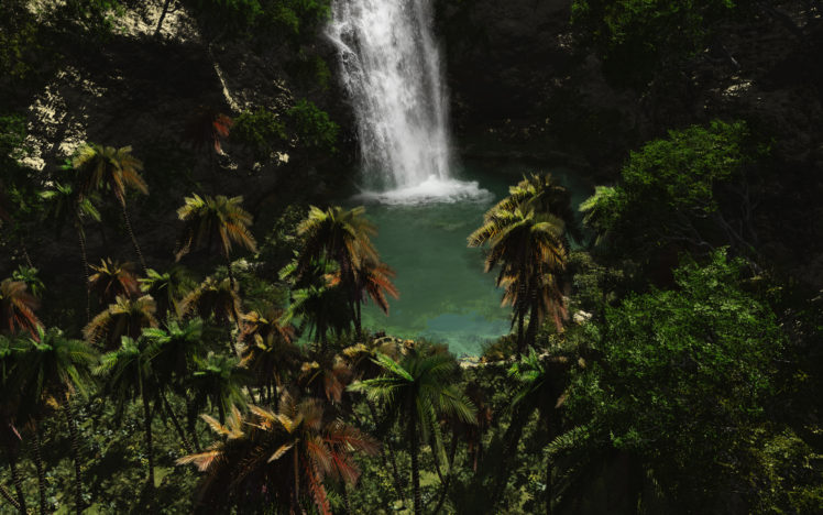 tropical, Paradise, Palm, Trees, Waterfalls HD Wallpaper Desktop Background