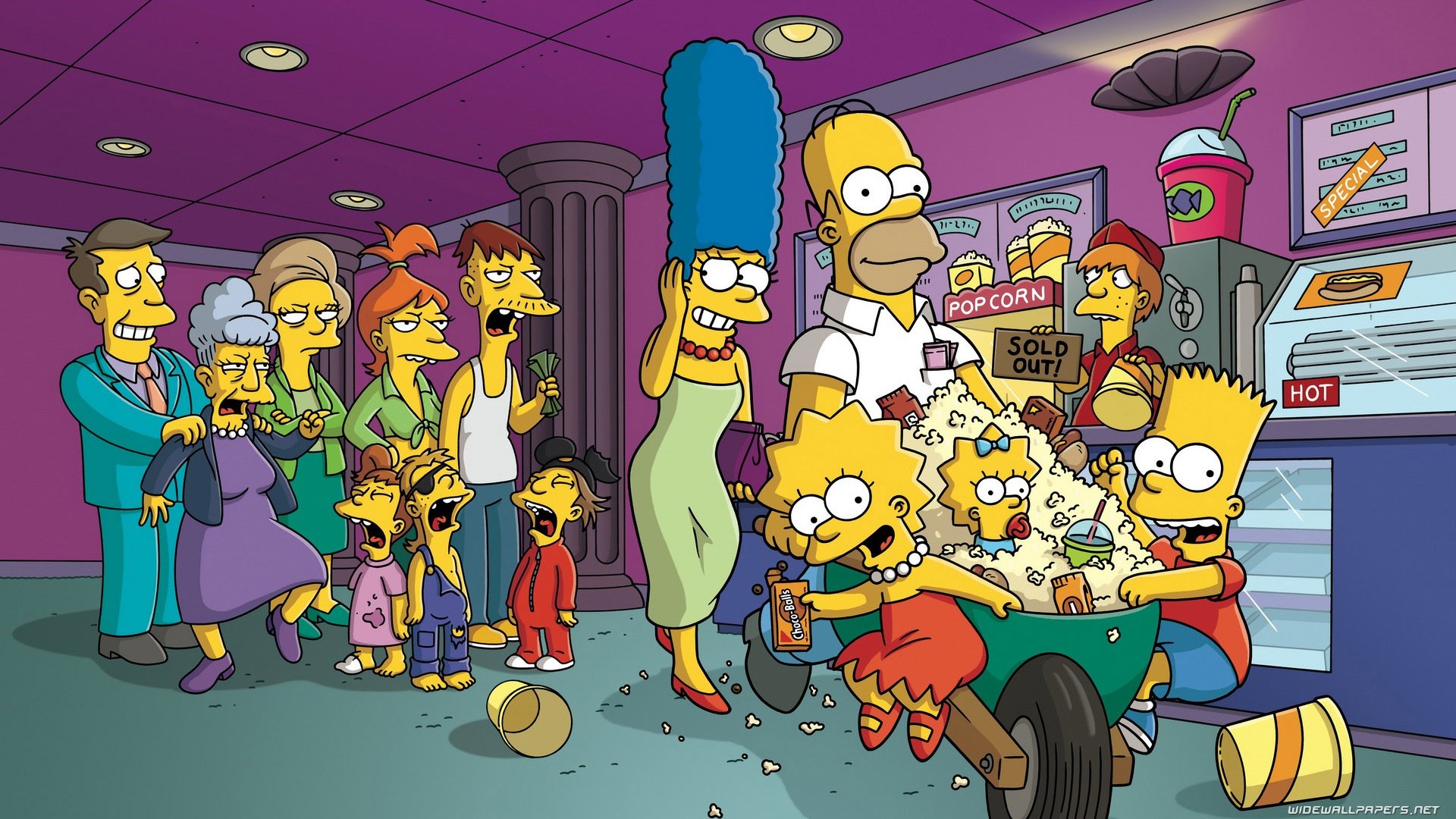 homer, Simpson, The, Simpsons, Bart, Simpson, Lisa, Simpson, Popcorn, Marge, Simpson, Maggie, Simpson, Seymour, Skinner, Edna, Krabappel, Movie, Theater Wallpaper
