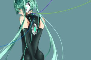 headphones, Vocaloid, Gloves, Hatsune, Miku, Long, Hair, Green, Eyes, Green, Hair, Twintails, Bodysuits, Hands, Behind, Back, Simple, Background, Anime, Girls, Looking, Back, Wires, Green, Background, Gray, Back