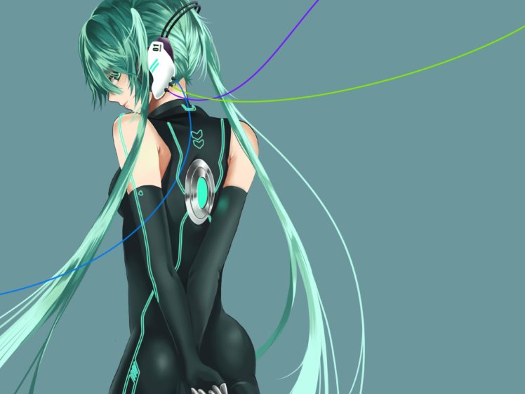 headphones, Vocaloid, Gloves, Hatsune, Miku, Long, Hair, Green, Eyes, Green, Hair, Twintails, Bodysuits, Hands, Behind, Back, Simple, Background, Anime, Girls, Looking, Back, Wires, Green, Background, Gray, Back HD Wallpaper Desktop Background