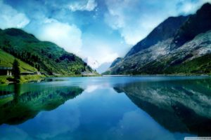 blue, Mountains, Lakes, Skyscapes, Reflections