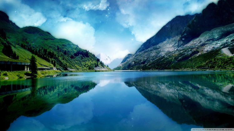 blue, Mountains, Lakes, Skyscapes, Reflections HD Wallpaper Desktop Background
