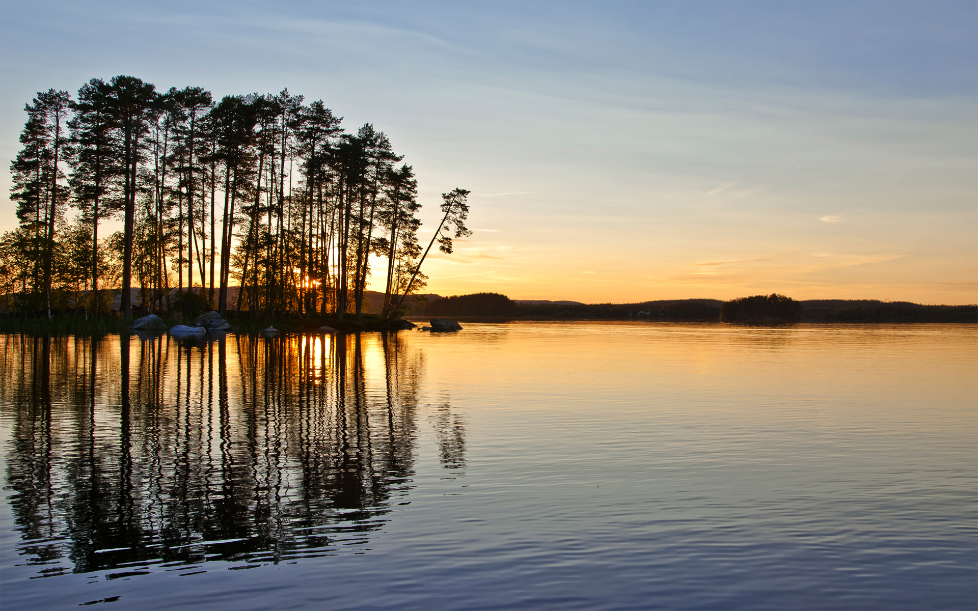 sunset, Nature, Trees, Lakes, Reflections Wallpaper