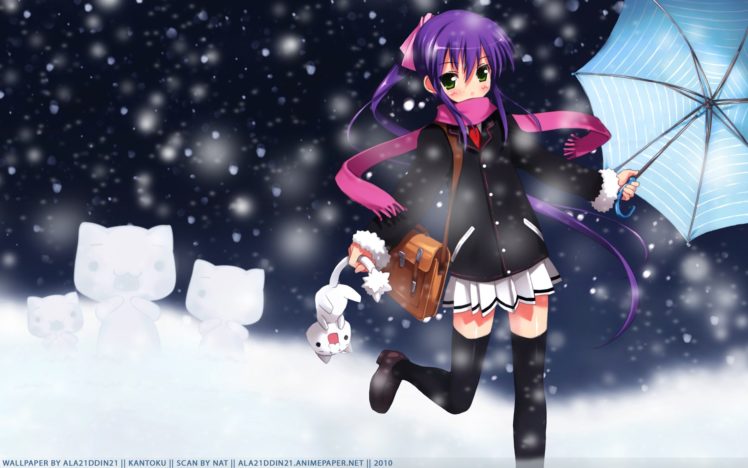 snow, Cats, Purple, Hair, Anime, Umbrellas, Scarfs, Little, Busters HD Wallpaper Desktop Background