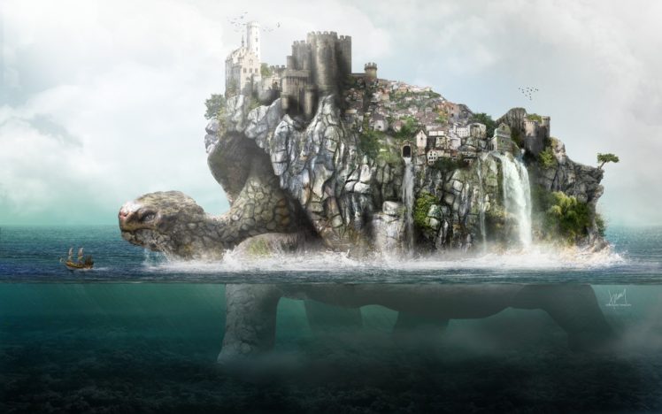 water, Ocean, Houses, Ships, Turtles, Buildings, Boats, Digital, Art HD Wallpaper Desktop Background