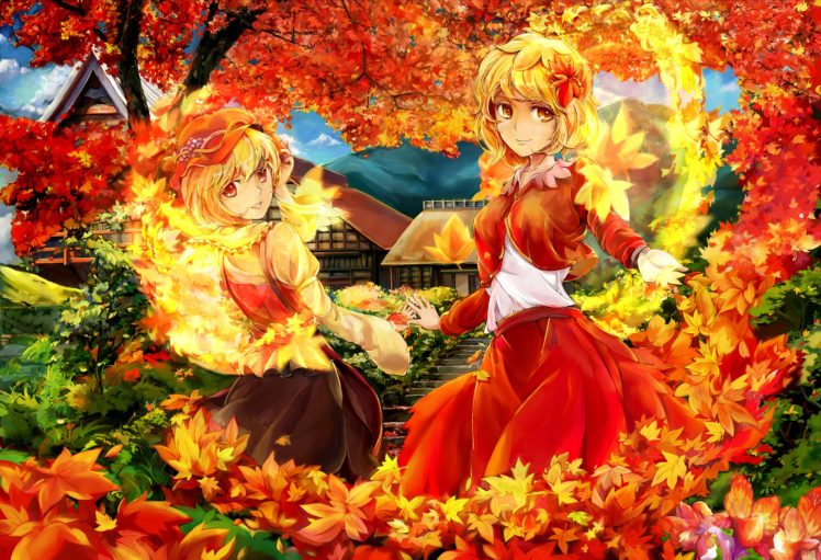 blondes, Video, Games, Mountains, Touhou, Trees, Autumn, Dress, Fruits, Leaves, Houses, Skirts, Buildings, Stairways, Goddess, Grapes, Red, Eyes, Short, Hair, Mountain, Of, Faith, Red, Dress, Sisters, Aprons, Or HD Wallpaper Desktop Background