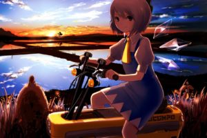 water, Sunset, Video, Games, Ice, Clouds, Touhou, Wings, Dress, Blue, Eyes, Cirno, Socks, Fairies, Blue, Hair, Short, Hair, Scooters, Bows, Vehicles, Blue, Dress, Skyscapes, Hair, Ornaments, Honda, Motocompo