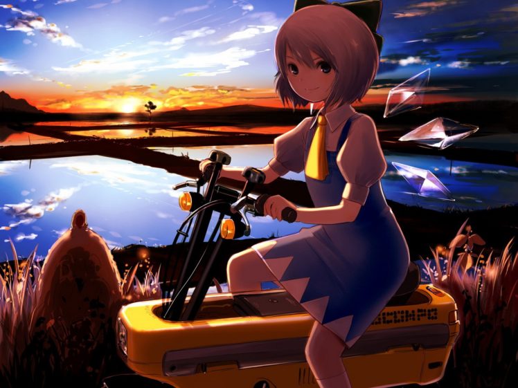 water, Sunset, Video, Games, Ice, Clouds, Touhou, Wings, Dress, Blue, Eyes, Cirno, Socks, Fairies, Blue, Hair, Short, Hair, Scooters, Bows, Vehicles, Blue, Dress, Skyscapes, Hair, Ornaments, Honda, Motocompo HD Wallpaper Desktop Background