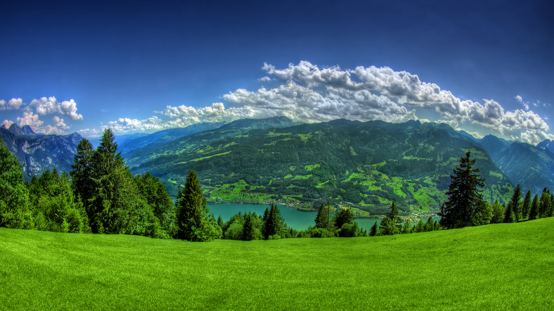 mountains, Clouds, Landscapes, Trees, Grass, Towns, Lake, Lucerne Wallpaper