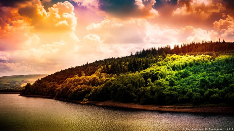 water, Sunset, Clouds, Landscapes, Forests, Reservoir, Lakes HD Wallpaper Desktop Background
