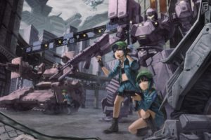 headphones, Brunettes, Boots, Video, Games, Touhou, Guns, Streets, Gloves, Robots, Fences, Blue, Eyes, Mecha, Belts, Armored, Core, Outdoors, Weapons, Buildings, Blue, Hair, Short, Hair, Skyscrapers, Green, Hair