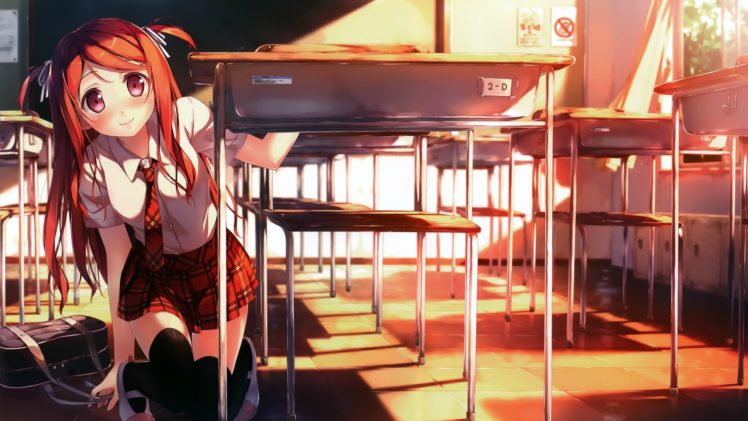 women, Redheads, School, Uniforms, Classroom, Red, Eyes, Anime, Girls, Kantoku,  artist , Original, Characters, Kurumi,  kantoku HD Wallpaper Desktop Background