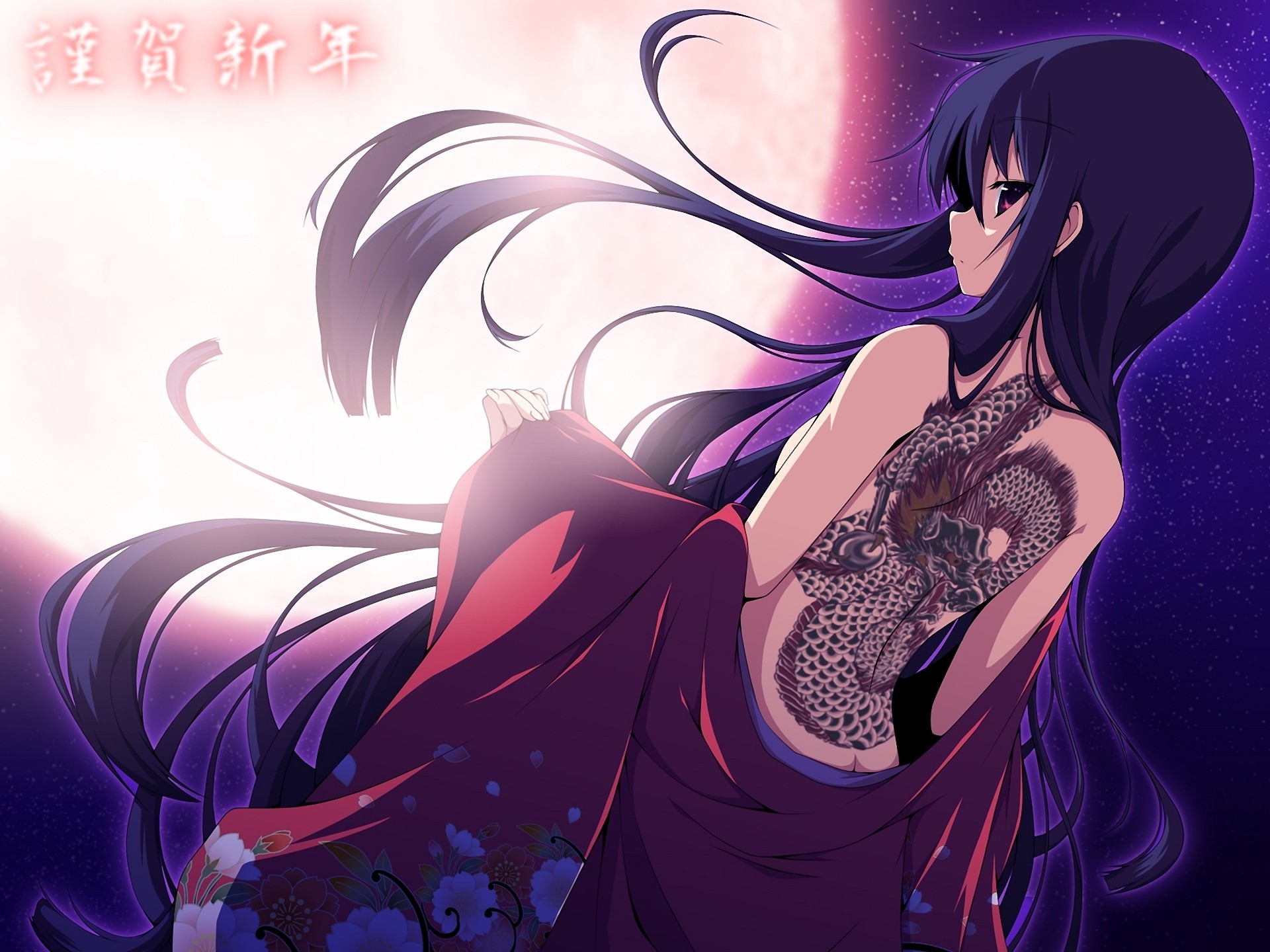 tattoos, Women, Stars, Dragon, Tattoo, Moon, Long, Hair, Kimono, Purple, Hair, Purple, Eyes, Anime, Girls Wallpaper