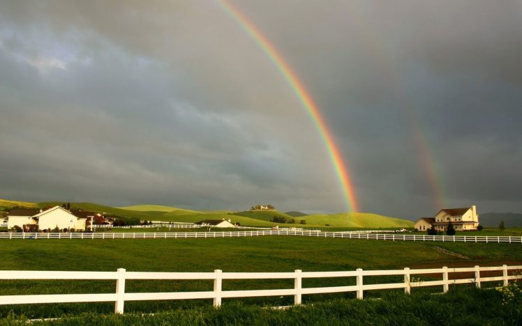 rainbows, Double, Rainbow, Farms HD Wallpaper Desktop Background