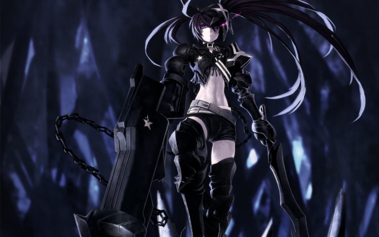 boots, Black, Dark, Black, Rock, Shooter, Stars, Long, Hair, Belts, Weapons, Armor, Twintails, Collar, Shorts, Chains, Purple, Eyes, Choker, Anime, Girls, Glowing, Eyes, Insane, Black, Rock, Shooter, Swords, Low HD Wallpaper Desktop Background