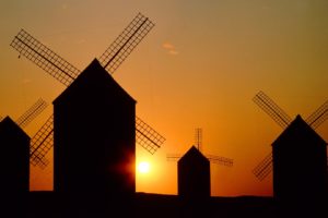 sunset, Spain, Windmills