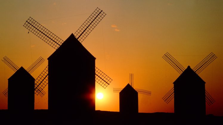 sunset, Spain, Windmills HD Wallpaper Desktop Background