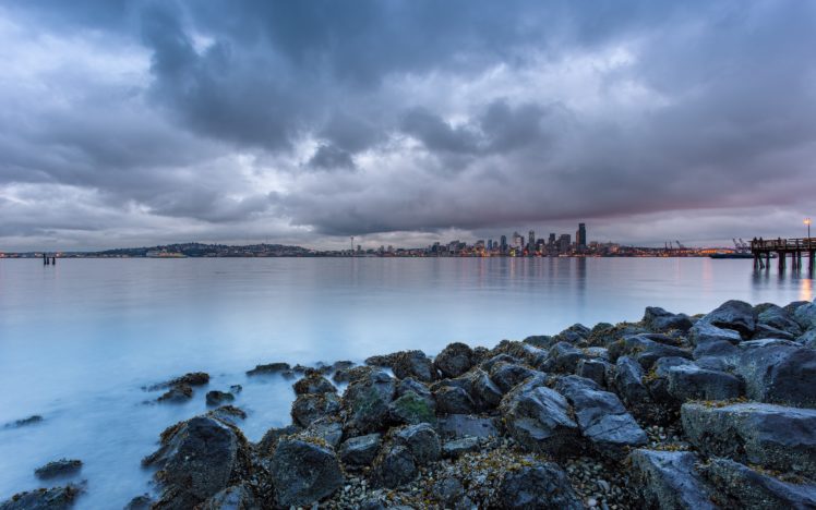 clouds, Landscapes, Nature, Coast, Cityscapes, Rocks, Seattle, Piers, Usa, Overcast, Hdr, Photography, Washington HD Wallpaper Desktop Background