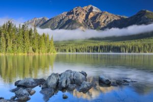 lake, Mountain, Forest, Mist, Reflection
