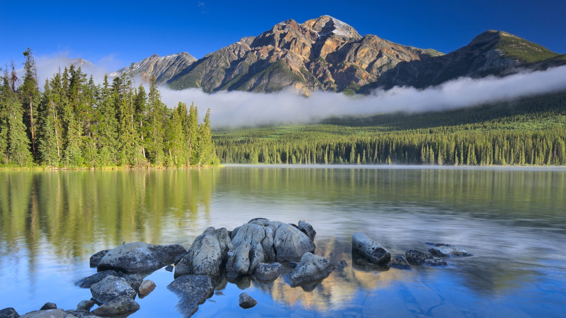 lake, Mountain, Forest, Mist, Reflection Wallpaper