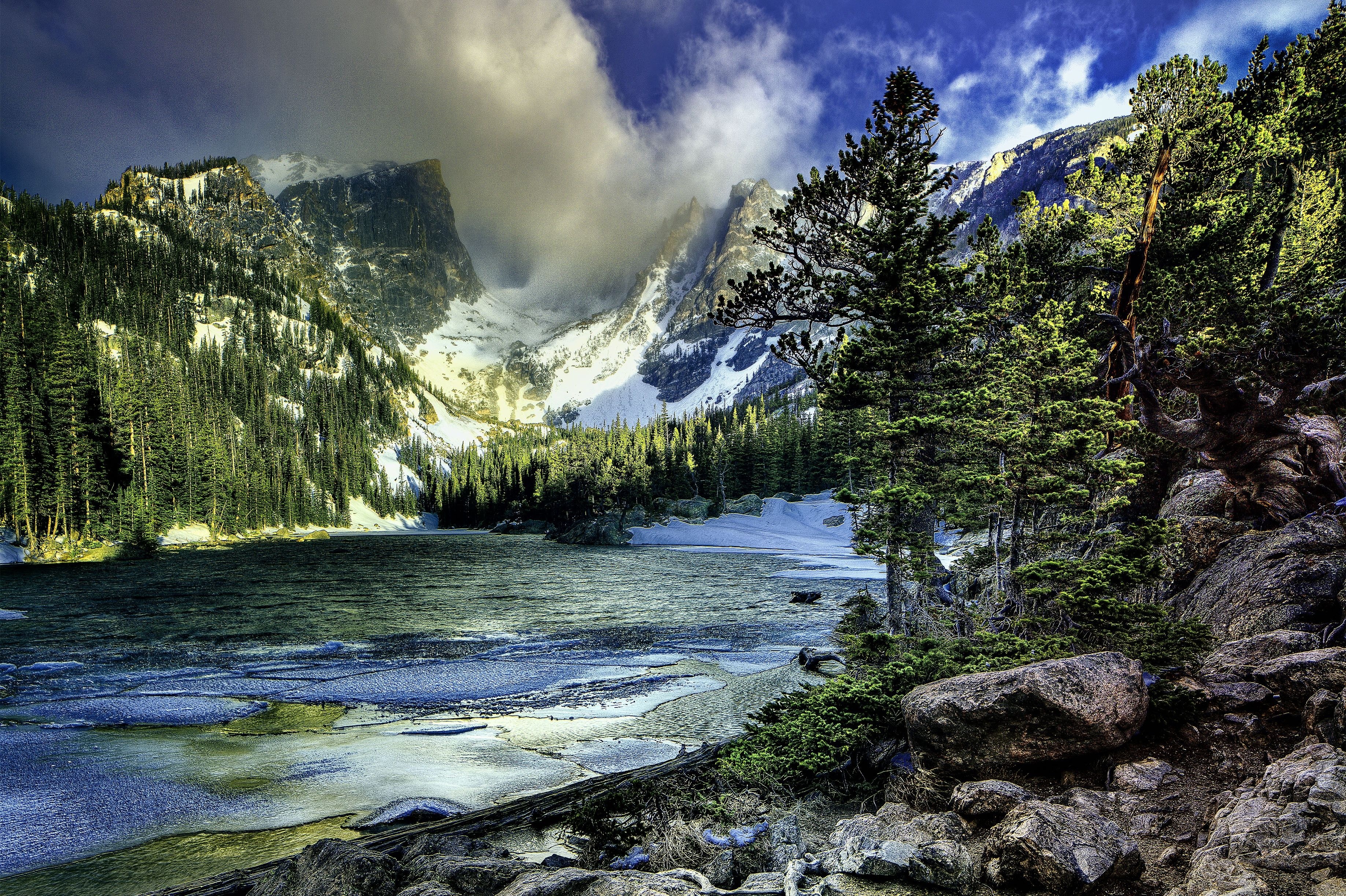 mountain, Lake, Yosemite, National, Park, Trees, Winter, Landscape, Hdr Wallpaper