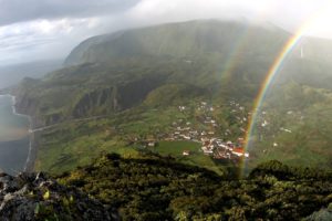 mountains, Houses, Village, Rainbow