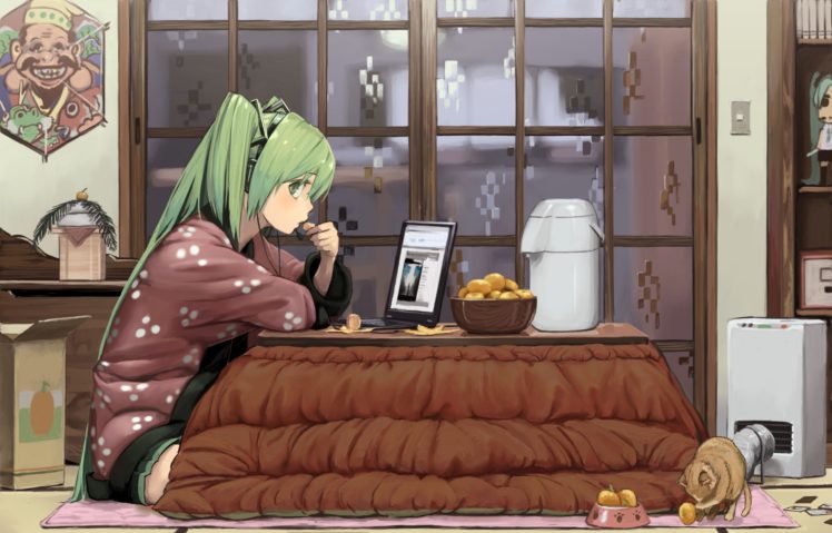 headphones, Computers, Vocaloid, Indoors, Hatsune, Miku, Cats, Animals, Food, Room, Long, Hair, Tables, Green, Eyes, Laptops, Green, Hair, Twintails, Sitting, Anime, Profile, Anime, Girls, Eating, Bangs, Headset HD Wallpaper Desktop Background