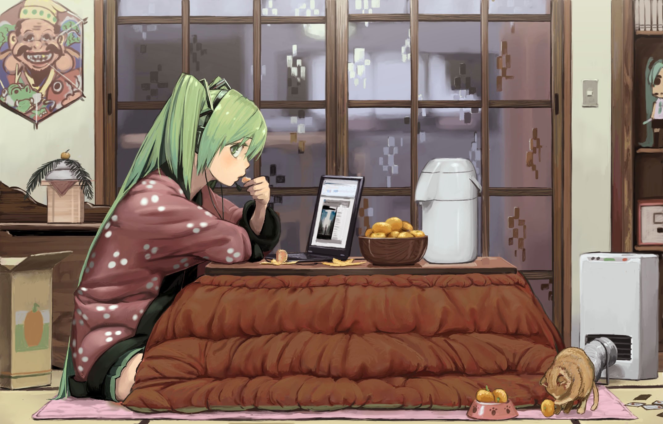 headphones, Computers, Vocaloid, Indoors, Hatsune, Miku, Cats, Animals, Food, Room, Long, Hair, Tables, Green, Eyes, Laptops, Green, Hair, Twintails, Sitting, Anime, Profile, Anime, Girls, Eating, Bangs, Headset Wallpaper