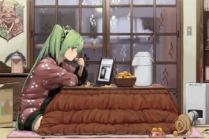 headphones, Computers, Vocaloid, Indoors, Hatsune, Miku, Cats, Animals, Food, Room, Long, Hair, Tables, Green, Eyes, Laptops, Green, Hair, Twintails, Sitting, Anime, Profile, Anime, Girls, Eating, Bangs, Headset