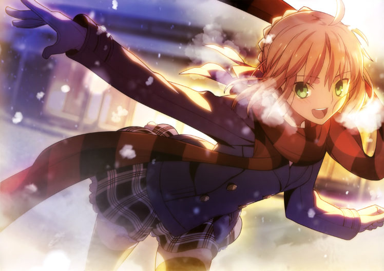 fate, Stay, Night, Blonde, Hair, Fate, Stay, Night, Gloves, Green, Eyes, Saber, Scan, Scarf, Skirt, Snow, Takeuchi, Takashi, Thighhighs, Type moon, Winter HD Wallpaper Desktop Background