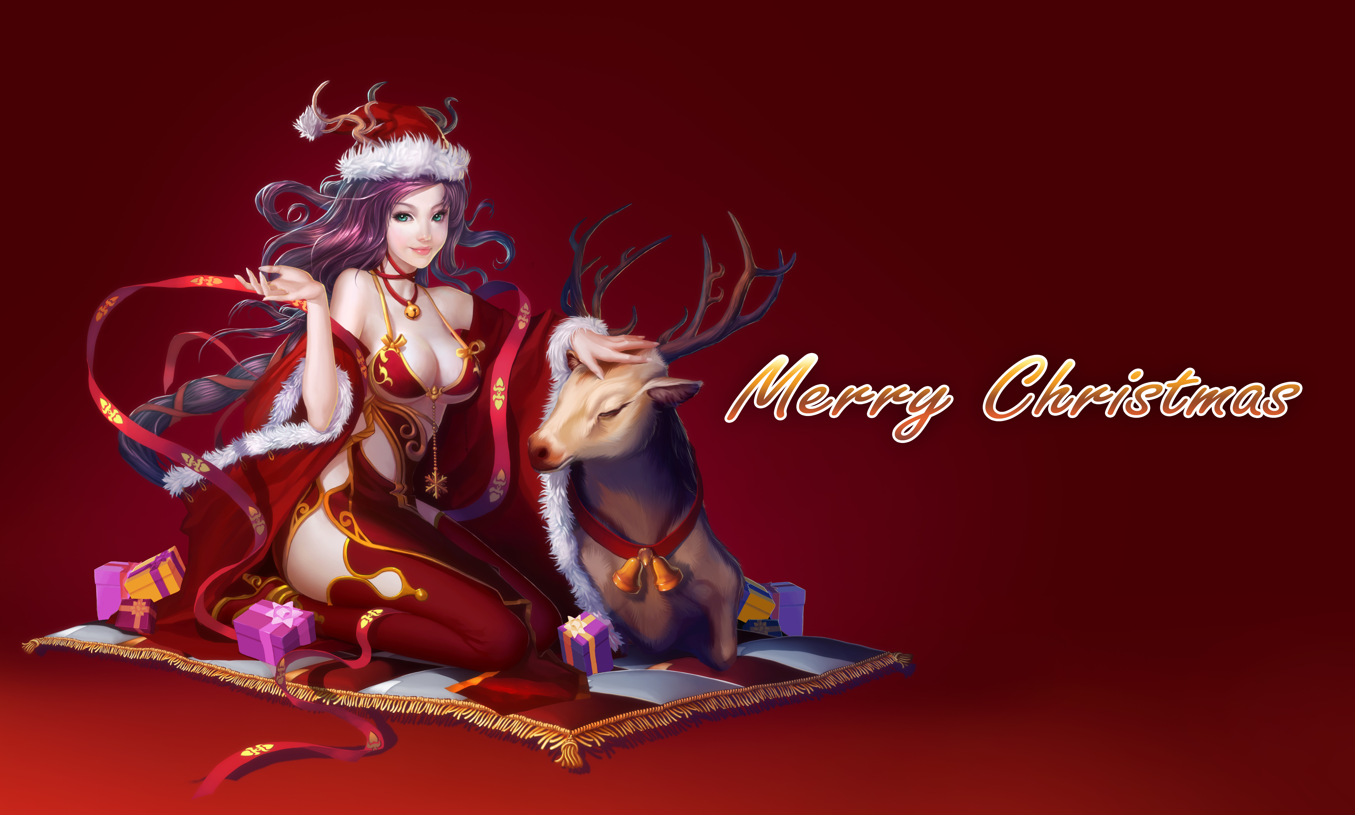 original, Holidays, Christmas,  , New, Year,  , Deer, Winter, Hat, Horns, Anime Wallpaper