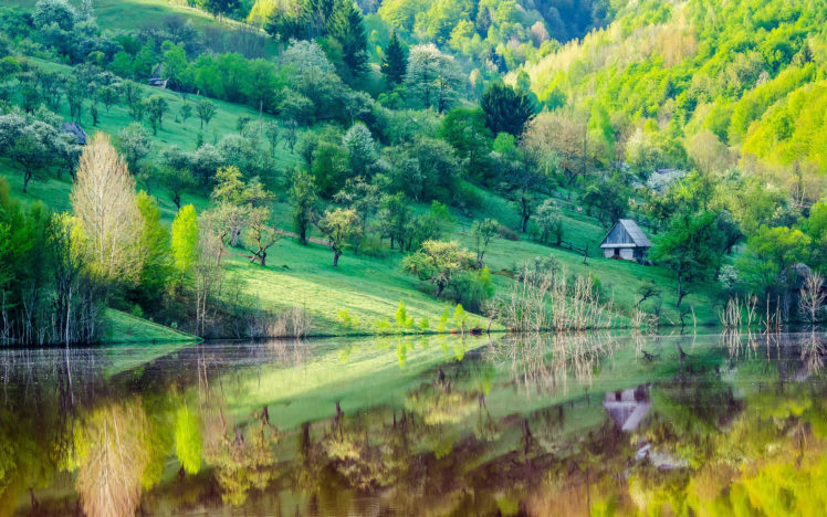 slope, Lake, Trees, Houses, Mountain, Reflection HD Wallpaper Desktop Background