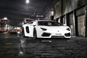 night, White, Lamborghini, Aventador