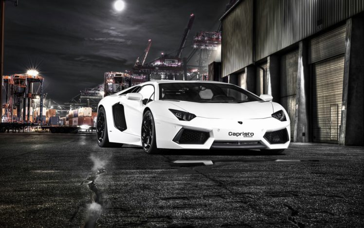 night, White, Lamborghini, Aventador HD Wallpaper Desktop Background