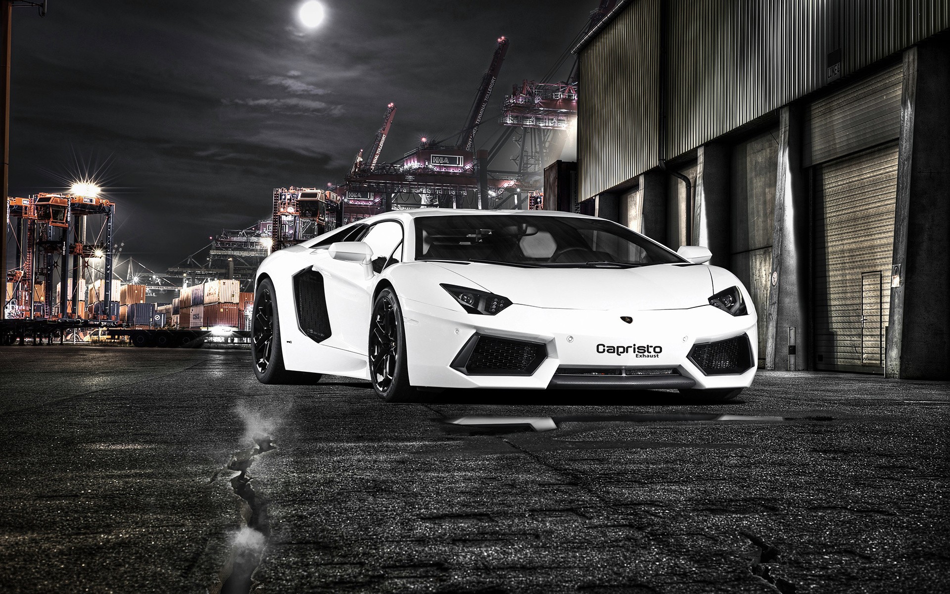 night, White, Lamborghini, Aventador Wallpaper