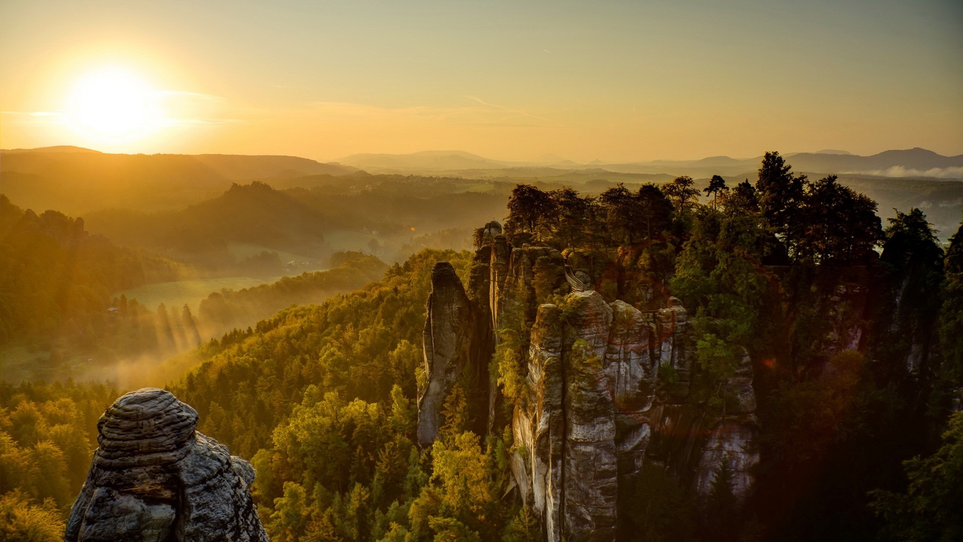 mountains, Landscapes, Nature, Sun, Forests, Rocks, Fog, Sun, Rays Wallpaper