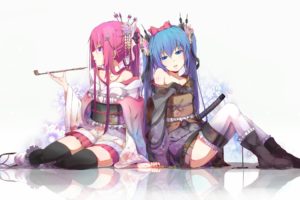 vocaloid, Flowers, Hatsune, Miku, Blue, Eyes, Megurine, Luka, Japanese, Long, Hair, Kimono, Blue, Hair, Pink, Hair, Thigh, Highs, Twintails, Pipes, Ponytails, Purple, Eyes, Japanese, Clothes