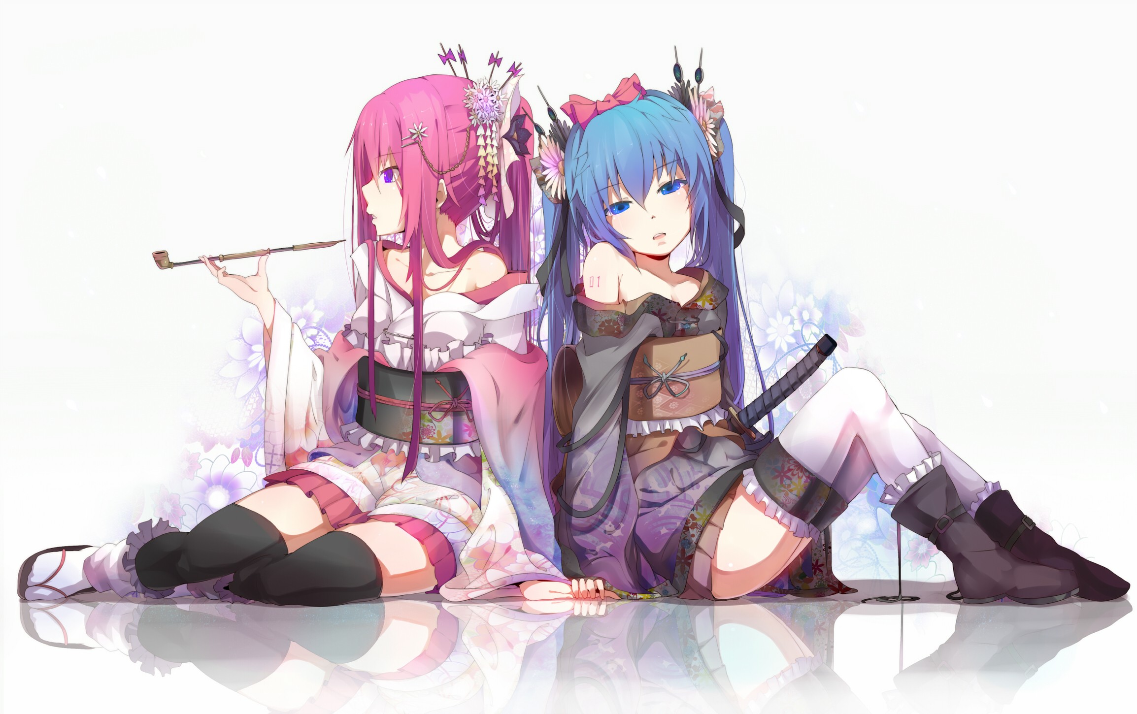 vocaloid, Flowers, Hatsune, Miku, Blue, Eyes, Megurine, Luka, Japanese, Long, Hair, Kimono, Blue, Hair, Pink, Hair, Thigh, Highs, Twintails, Pipes, Ponytails, Purple, Eyes, Japanese, Clothes Wallpaper