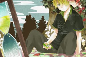 blondes, Water, Pants, Clouds, Paper, Trees, Vocaloid, Flowers, Blue, Eyes, Houses, Kagamine, Len, Pink, Hair, Shirts, Cellphones, Sitting, Anime, Boys, Roses, Sandglass