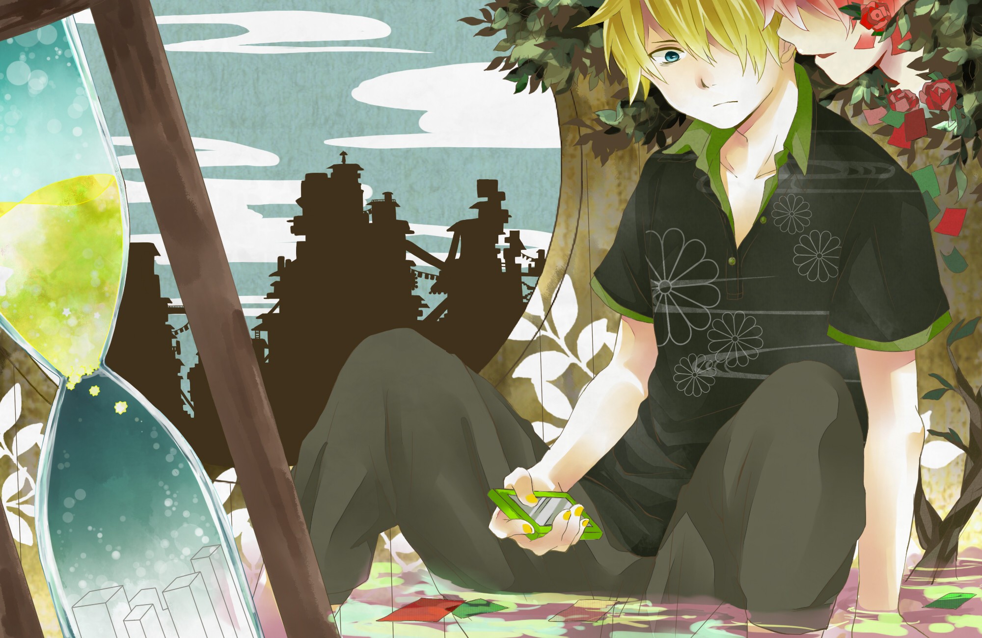 blondes, Water, Pants, Clouds, Paper, Trees, Vocaloid, Flowers, Blue, Eyes, Houses, Kagamine, Len, Pink, Hair, Shirts, Cellphones, Sitting, Anime, Boys, Roses, Sandglass Wallpaper