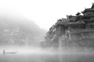 landscapes, Castles, China, Mist, Grayscale, Lakes