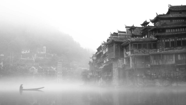 landscapes, Castles, China, Mist, Grayscale, Lakes HD Wallpaper Desktop Background