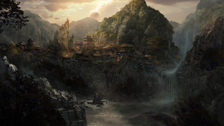 asian, Buildings, Landscape, River, Waterfall, Drawing, Planet HD Wallpaper Desktop Background